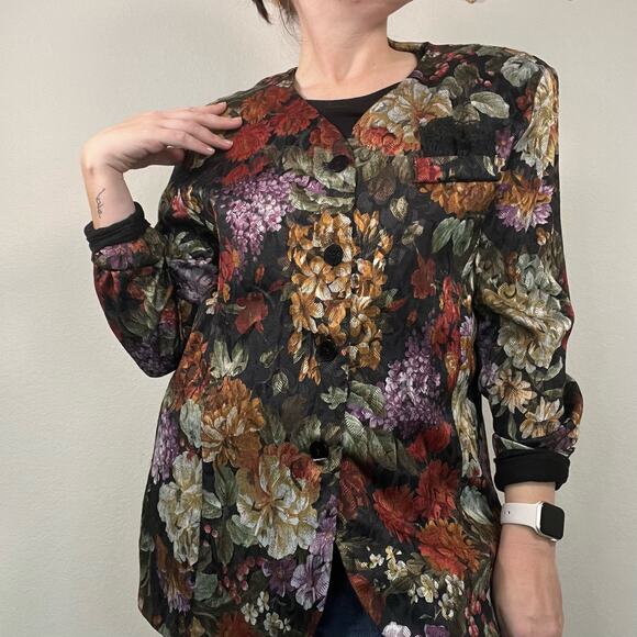 Vintage Requirements Dark Jewel-Toned Floral Blazer with Lace Pocket Square - Picture 1 of 11